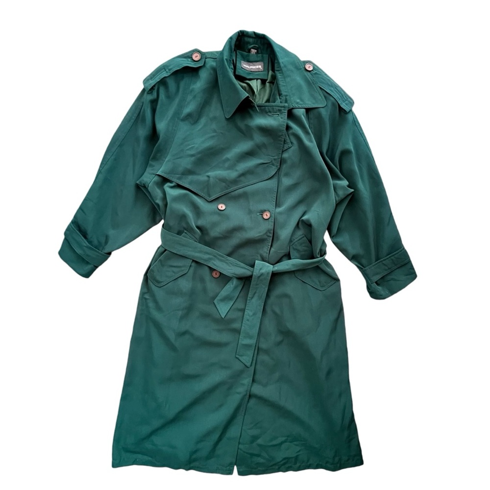 Maurices Women’s Size 13/14 Dark Green Belted Waist Tie Vintage Long Trench Coat